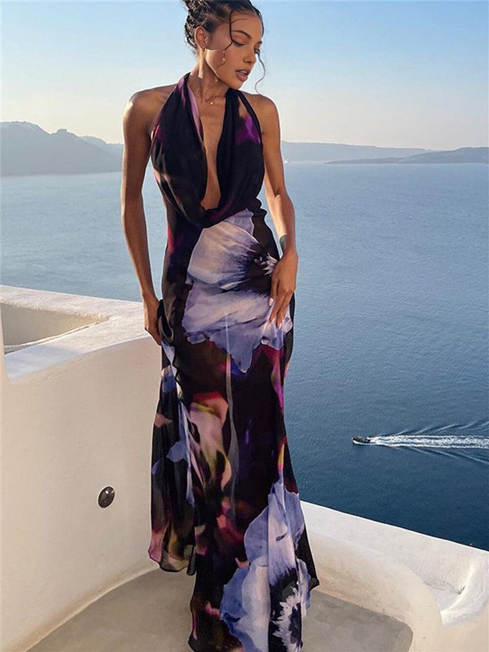 Commense Resort Dark Fairy Floral Print Semi Sheer Backless Halter Black Maxi XS